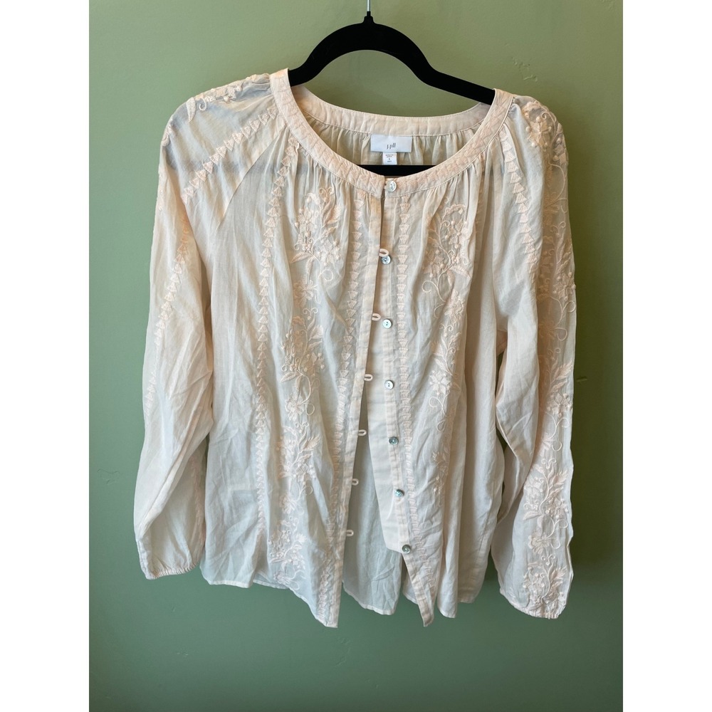Boho Romantic Embroidered Button Down Blouse Peach Pink Long Sleeve Sm Tall